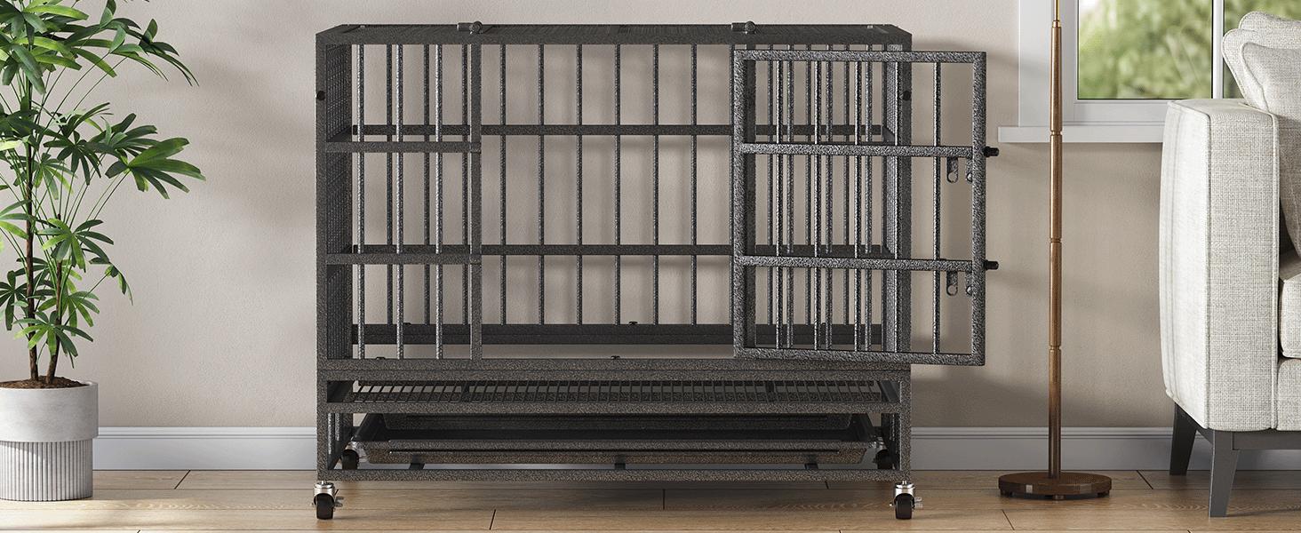 Collared Eagle Heavy-Duty Dog Cage 38" x 48", Reinforced Bottom Panel, Supports up to 200 lbs, Double Door Design, Wheels, Indoor Kennel for Large Breeds, Top-Loading Portable Enclosed Enclosure