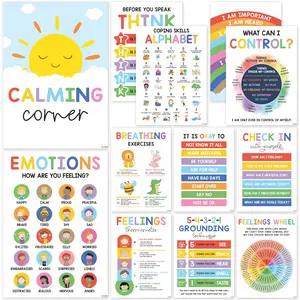 12 Calming Corner Classroom Posters (10x14) - Feelings Wheel Chart & Emotions Poster For Kids, Calm Down Corner Supplies For Therapy Office Decor, Mental Health Wall Decorations For Preschool