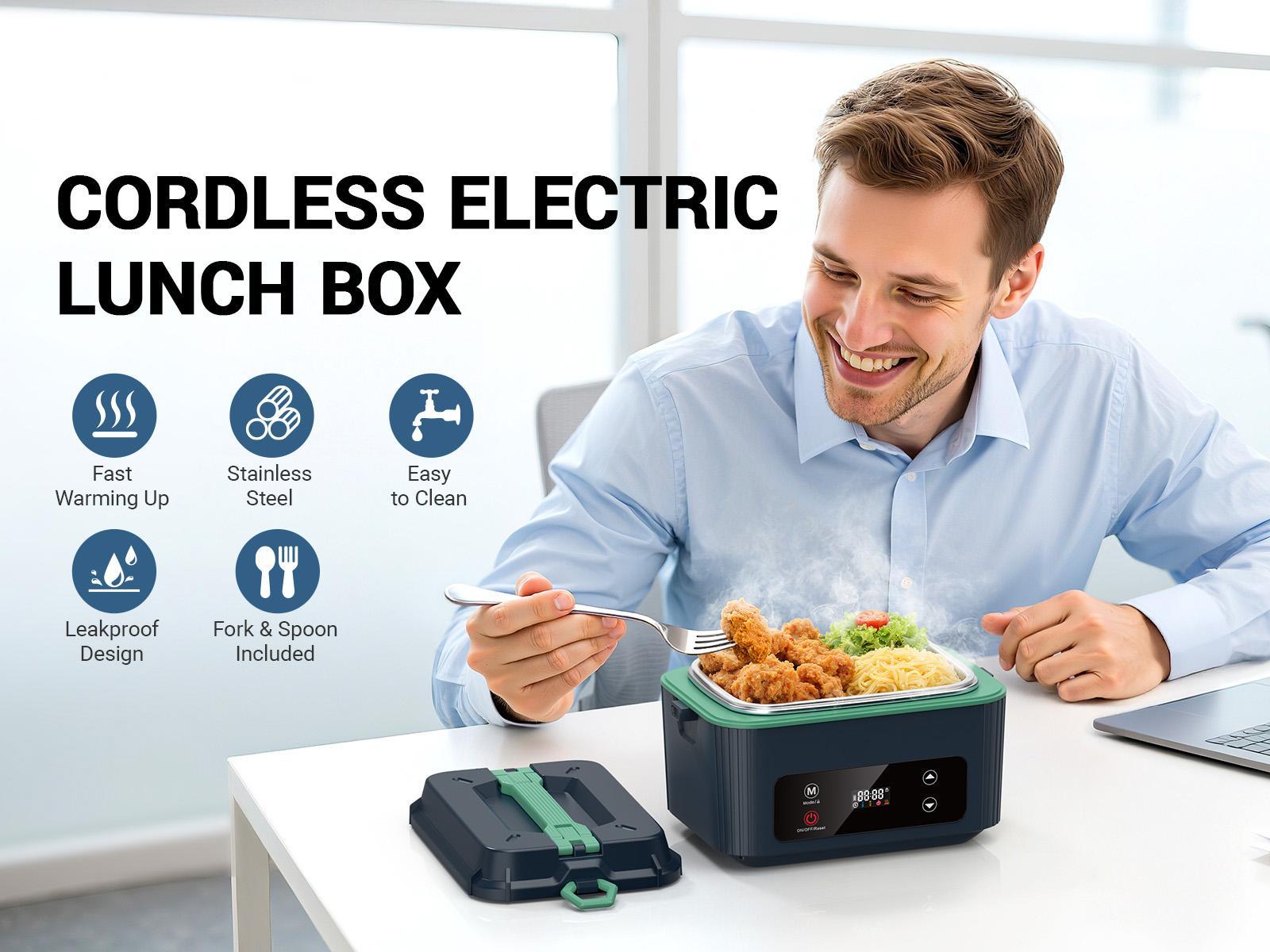 OGERY Self-Heating Electric Lunch Box, 100W Faster Heated Cordless Lunch Box for Adults with Automatic Heating, 40 fl oz 304 Stainless Steel Food Warmer with Timer for Hot Meals Anywhere