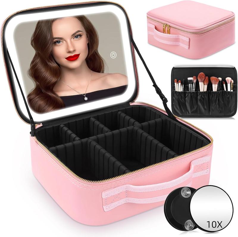 Travel Makeup Bag With LED Mirror, Cosmetic Train Case with Light up Mirror, Portable Makeup Artist Organizer Bag with Adjustable Dividers