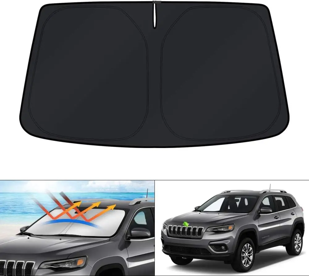 Canvcle Windshield Sun Shade for 2011-2025 Jeep Cherokee / Grand Cherokee / Grand Cherokee & L Foldable UV Rays Blocker Sun Visor Protector Silver/Black