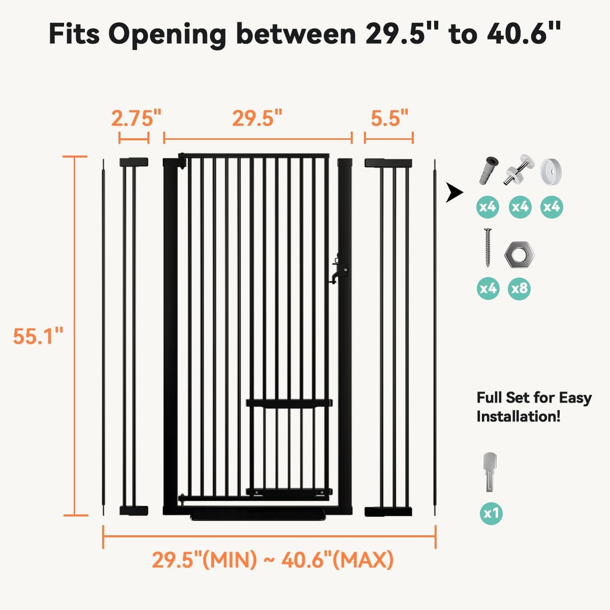 COMOMY 55.1" Extra Tall Pet Gate for Cats, 29.5-40.6" Extra Wide Cat Gate with Adjustable Cat Door, Pressure Mounted Easy Walk Through Pet Gate with Door for Stairs, Doorways, Kitchen Safety Fences, Valentine's Day
