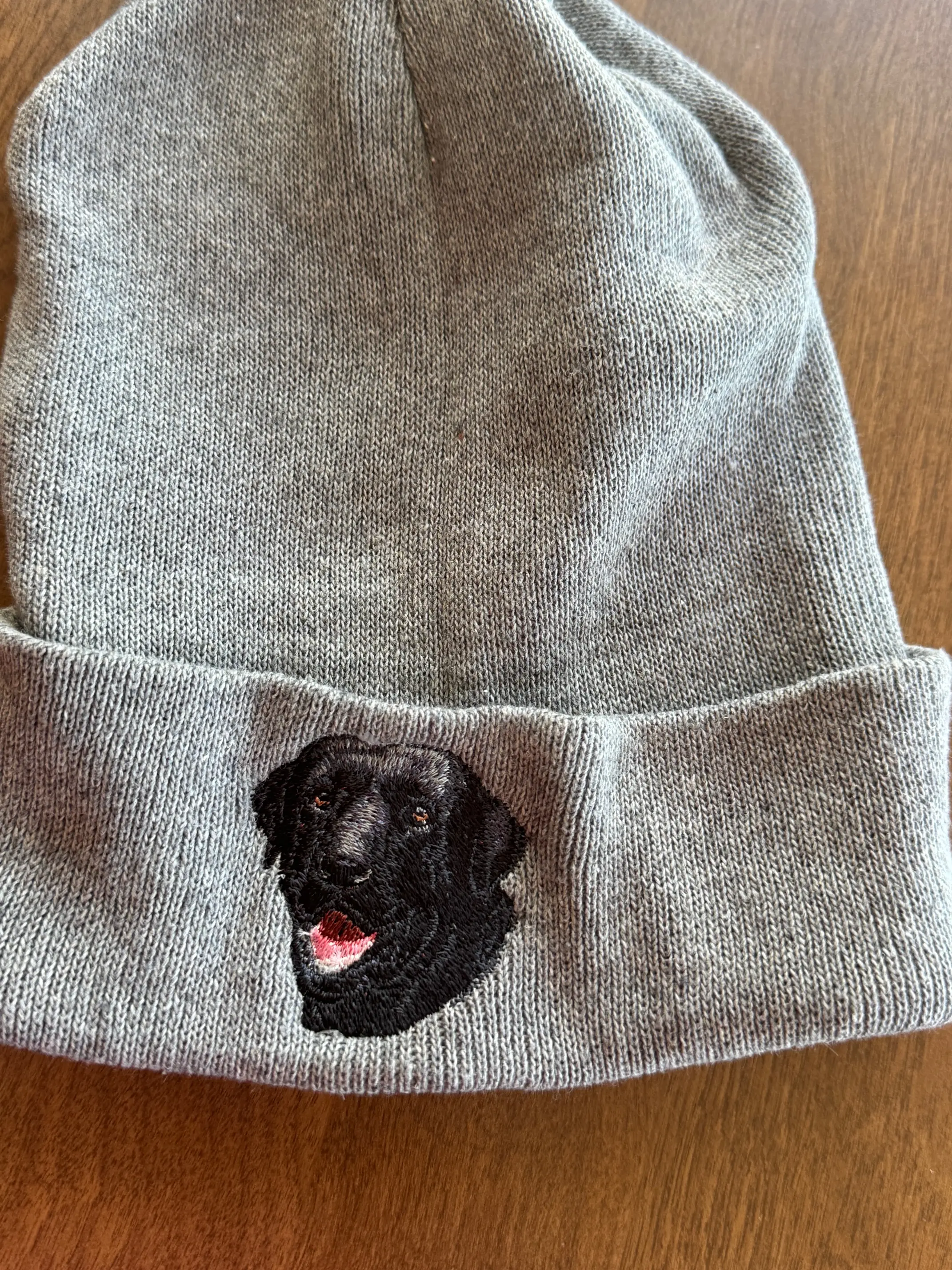 Black Labrador Retriever Dog Breed Machine Embroidered Grey Knit Beanie Hat with Labrador Retriever Embroidery
