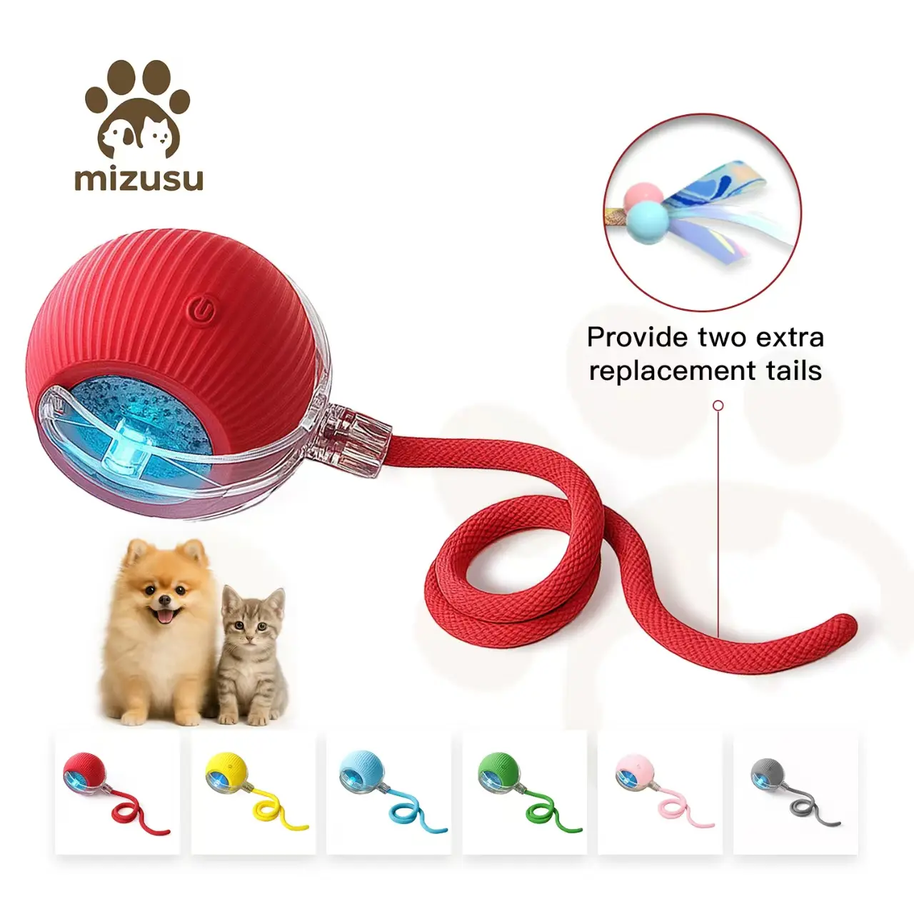Mizusu Interactive Cat & Dog Teaser Toy with Two Additional Tails, Kitten Rolling Ball Toy, Pet Supplies, Dog & Cat Accessories Cute dog toys
