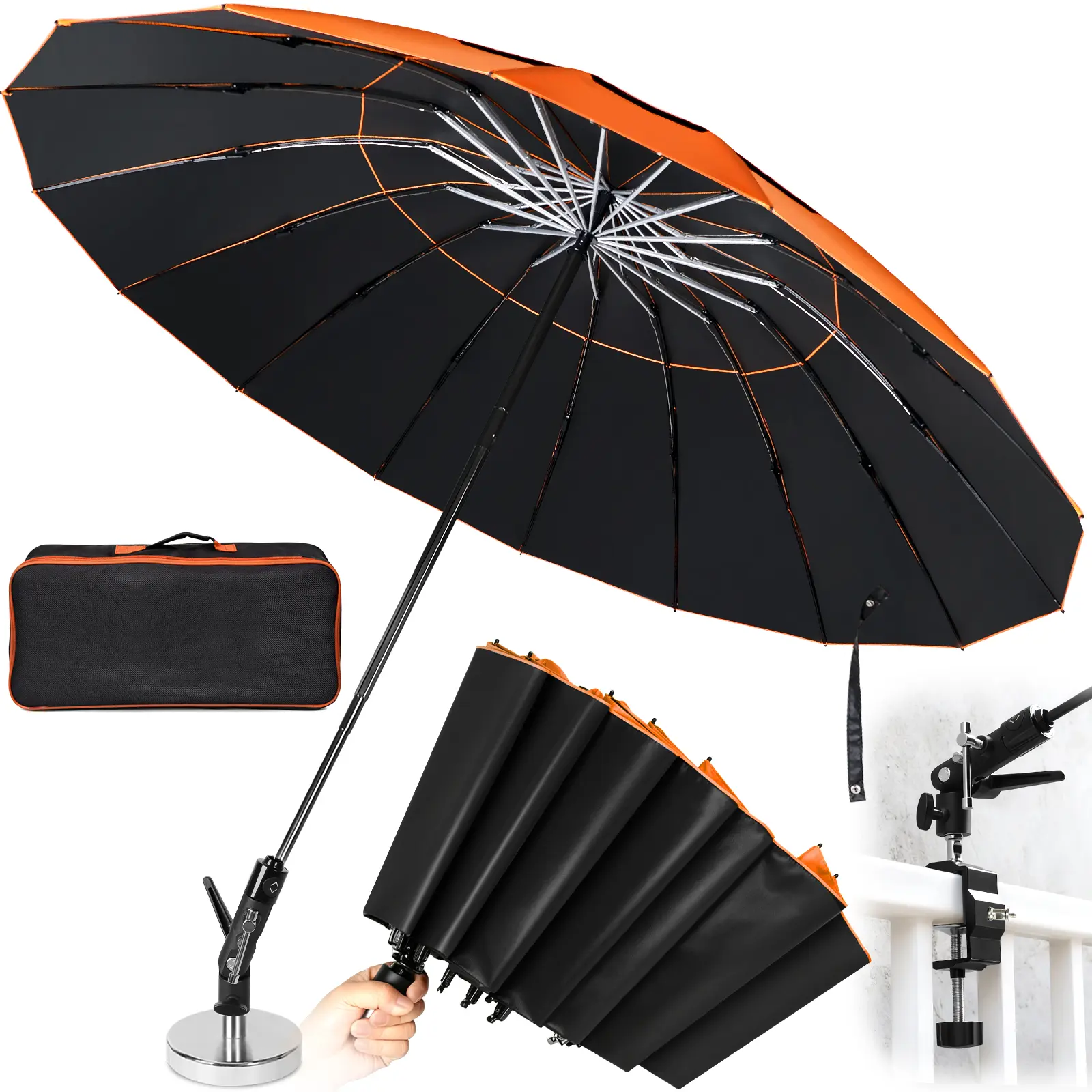 Upgraded 60-in Folding 16-Rib Magnetic Umbrella for Outdoor Work, 600lb Strong Suction HVAC Tool with Magnetic Base & Clamp, Inverted Ribs, 2-in-1 Sun & Rain Protection, Portable Design
