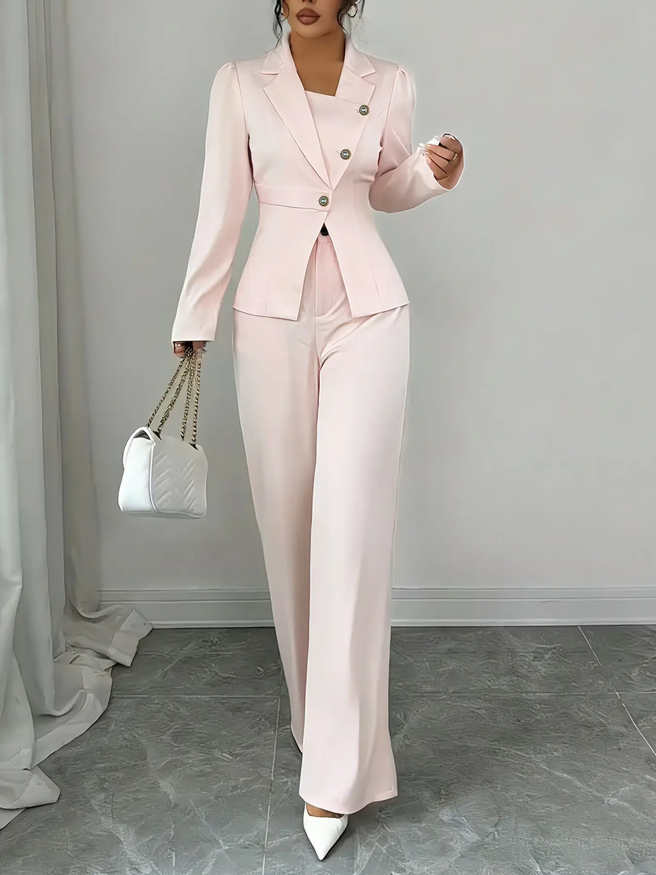 Women's Two-Piece Set Outfit Formal Blazer Pants Autumn Winter Casual Elegant Chic Minimalist Solid Color Suit Jacket Long Sleeve Slim Fit Button Front Top & Wide Leg Pants Blazer Trouser M2642