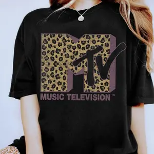 Womens MTV Classic Leopard Print Bold Logo Shirt, Music Television MTV Logo Tee, Retro 80s 90s Style MTV Tee, Family Matching Tee