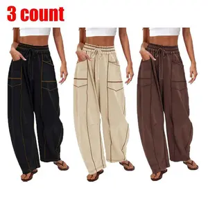 3pcs Women's Barrel Sweatpants High Waisted Wide Leg Pants Drawstring Athletic Baggy Pants Lounge Sweats Colorblock Soft Fabric Comfortable Fit True to Size Vogue Design Basic Minimalist Bottom with Pockets GiftGift