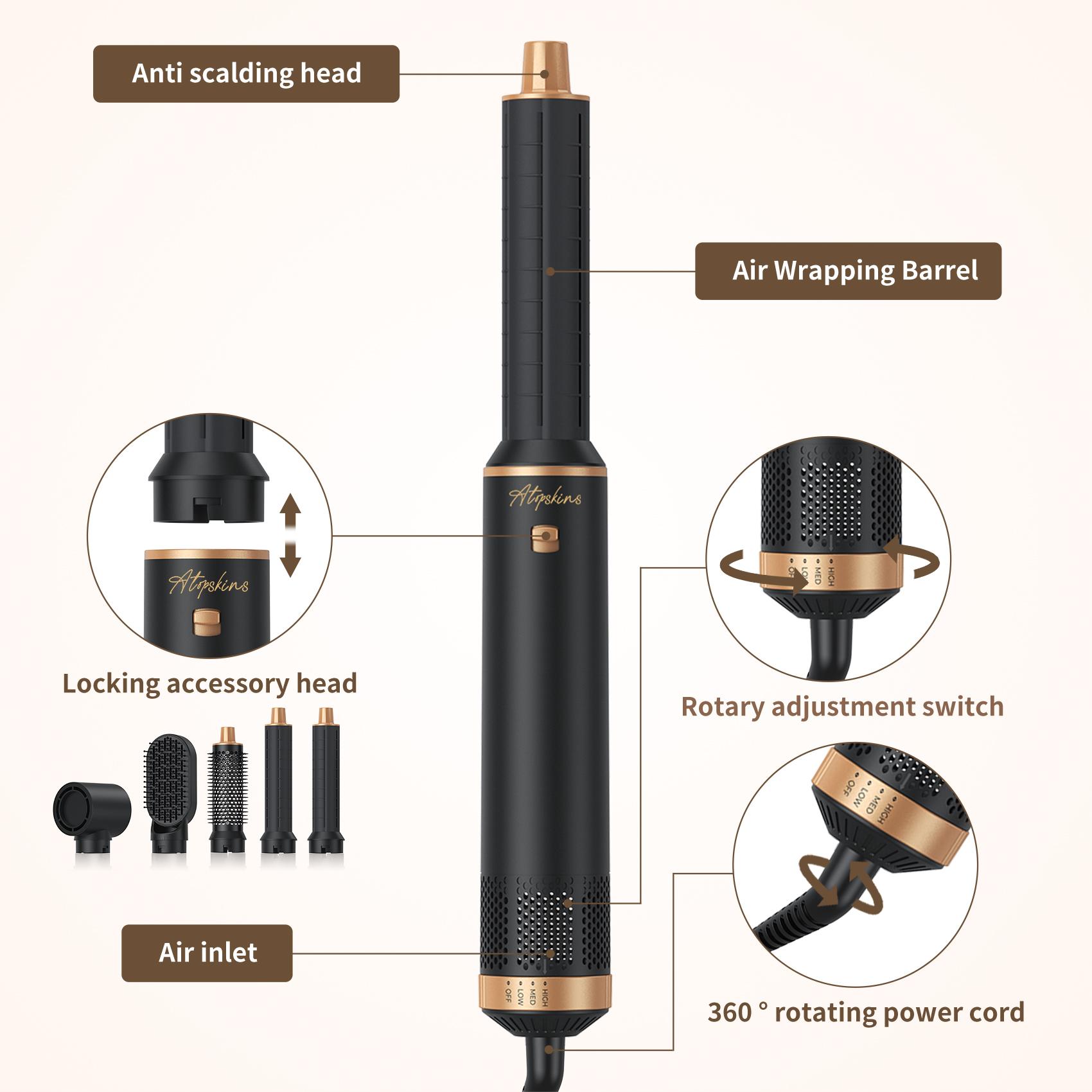 ATOPSKINS 5-in-1 Air Styler: Soft Airflow & Ultra-Lightweight(The attachments are made of plastic）, Zero Heat Damage (203°F) for Non-Aggressive Styling Includes 1 Hair Dryer 2 Hot Air Curlers Christiansmas Gift Black Blue White diffuser curly hair