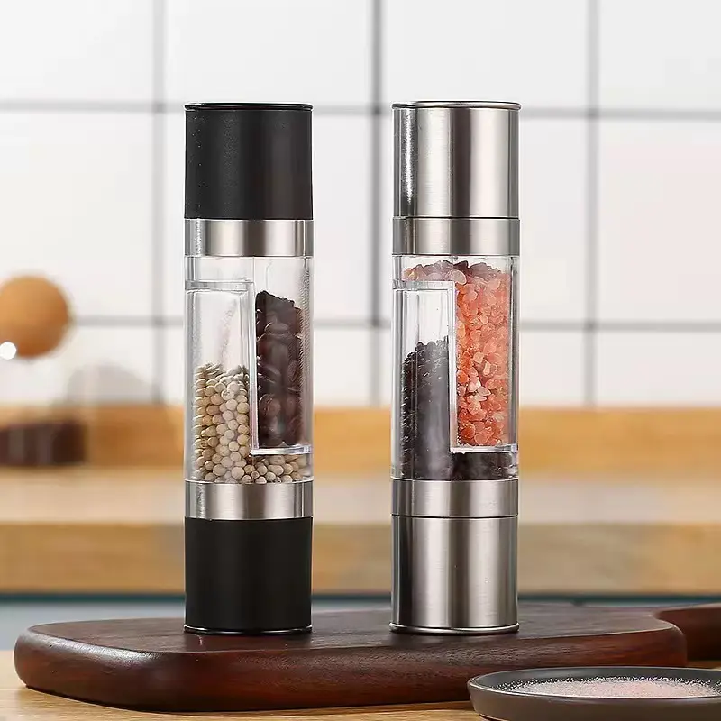 2-in-1 Double Ended Salt+Pepper Duo Grinder Set of 2 - Sturdy Compact Kitchenware Seasoning Utensil, Dual Compartment, Adjustable Ceramic Grid Core, Easy Refill Reusable Manual Spice Mill for Kitchen, BBQ Gifts, Utensils