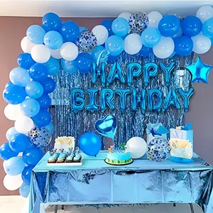 Blue Birthday Party Decorations Set, Happy Birthday Banner with Fringe Curtain, Foil Tablecloth, Confetti Balloons and Table Confetti for Kids and Adults