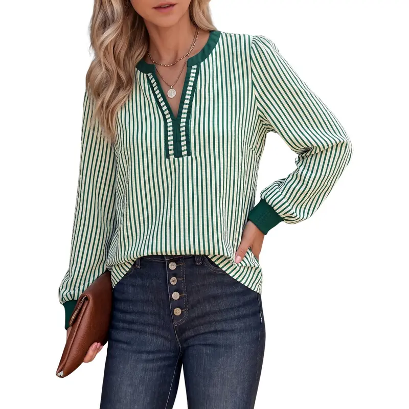 Dokotoo Womens Tops Casual Oversized V Neck Shirt Long Sleeve Striped Colorblock T Shirts Loose Boho Blouses