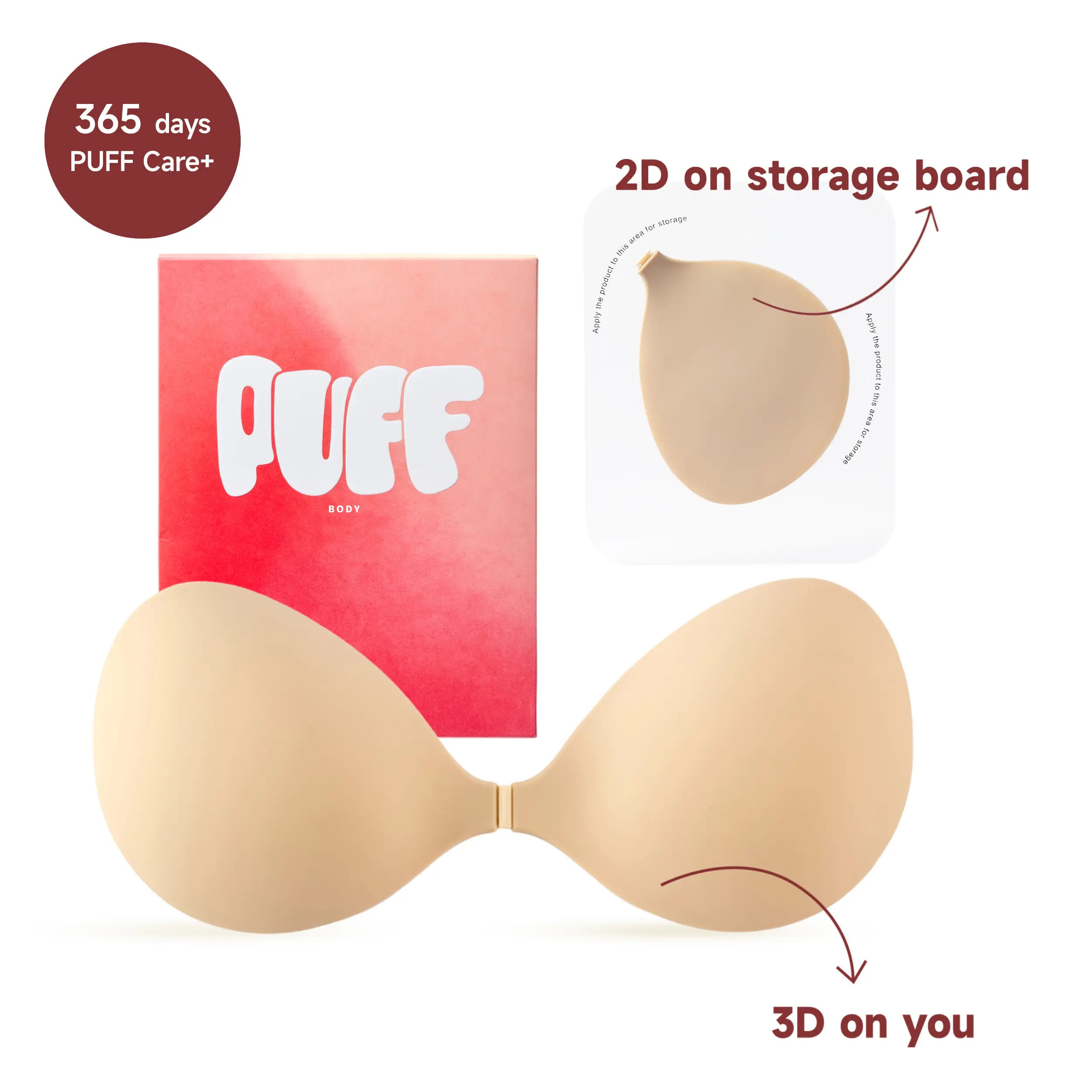 PUFF Sticky Bra – VIRAL No.1 Push-up Sticky Bra, Waterproof & Sweat-proof Invisible Bra, Reusable Silicone Adhesive Bra for Women, Includes Storage Board & Replaceable Pads