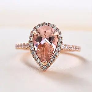 3.0ct Halo Pear Cut Synthetic Morganite Engagement Ring