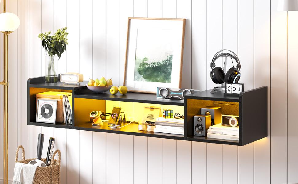 RaybeeFurniture 55"-71" W Floating TV Stand with LED Lights & Power Outlets Wall Mounted Entertainment Center with Storage Long TV Stand for Bedroom, Wood Floating TV Shelf Under TV for Living Room