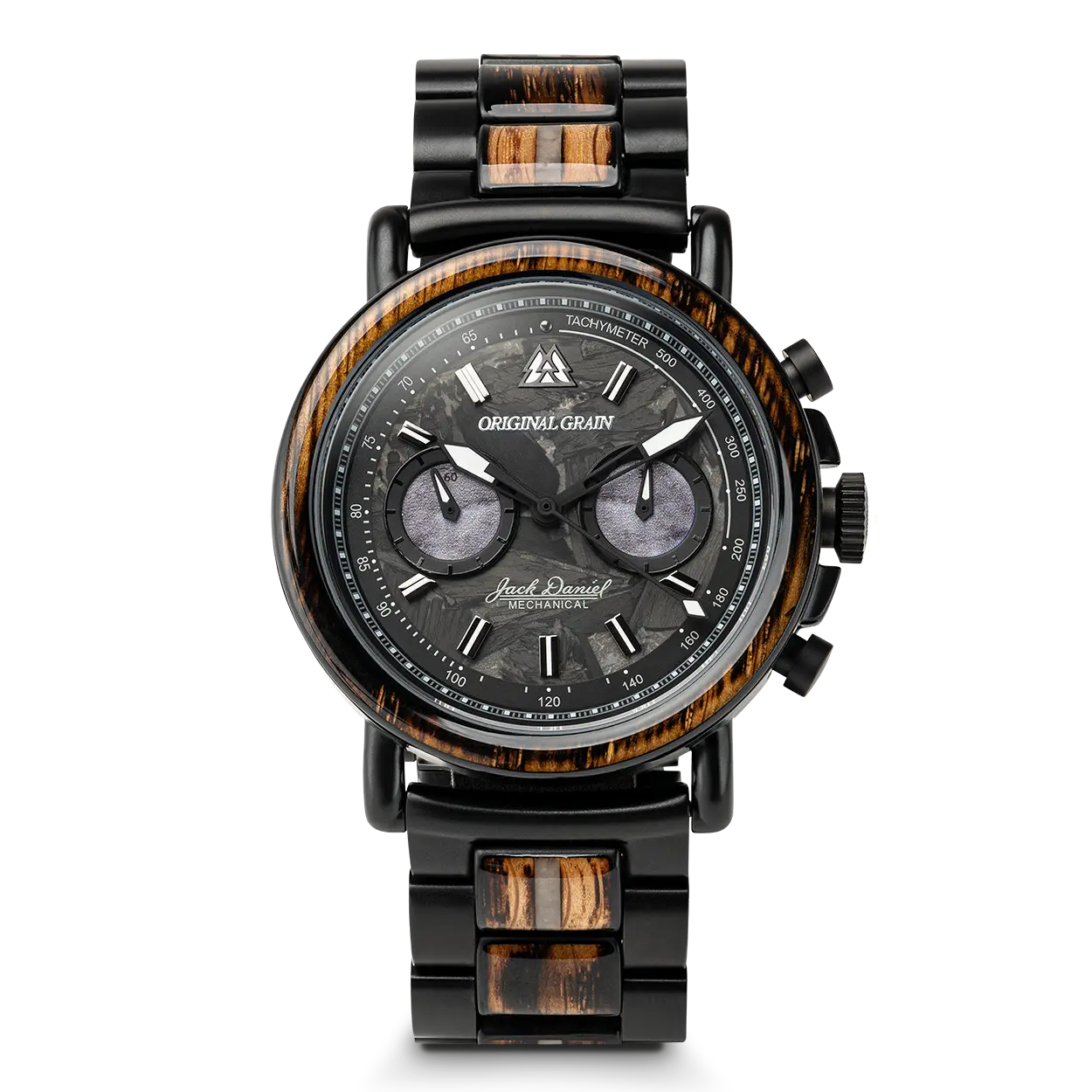 Men's Mechanical Analog Chronograph Watch with Whiskey Barrel Wood Inlay, Black Stainless Steel & Limestone Sub-Dials, 44mm, Analog Mechanical Watches, Chronograph Analog Watch