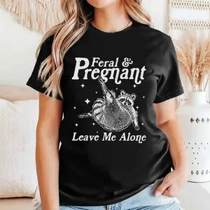 Funny Maternity Top for Moms-To-Be, Casual Fitted Short-Sleeve T-Shirt with "Feral & Pregnant" Racoon Graphic, Pregnancy Clothes, Shortsleeve