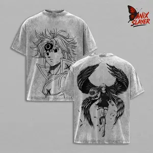 Meliodas x Elizabeth Liones Anime Double Printed Vintage Washed Tee Unisex Oversize Heavyweight Cotton T-shirt for Anime Fans and Lovers