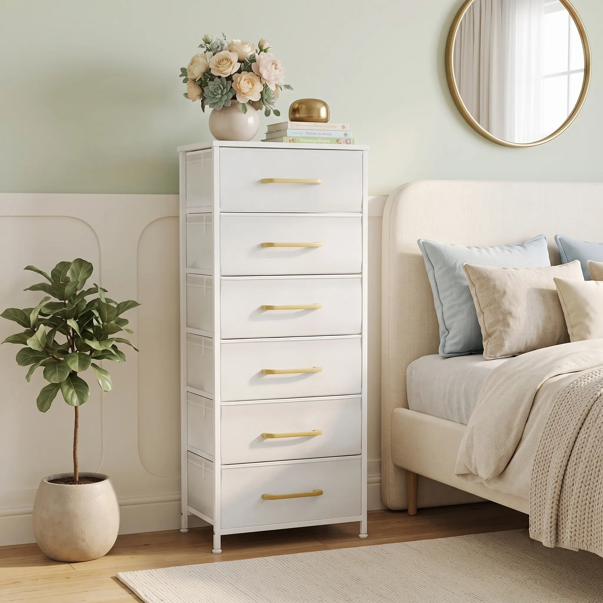 6-Tier Tall Skinny White Metal Frame Fabric Dresser with Removable Drawers, Metal Knobs, Anti-Tip Wide Base & Wood Top - Modern Storage Tower Cabinet Organizer for Bedroom, Kitchen Pantry, Small Apartment