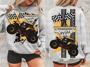 Youth and Adult 2-Sided Monster Truck Racing Sweatshirt, Monster Jam shirt, JCB Digatron Graphic Front and Back Checkered Flag tee, Monster Truck Fan Gift, Funny Shirt, Youth clothing, gift for son and daughter, summer outfit, holiday outfit
