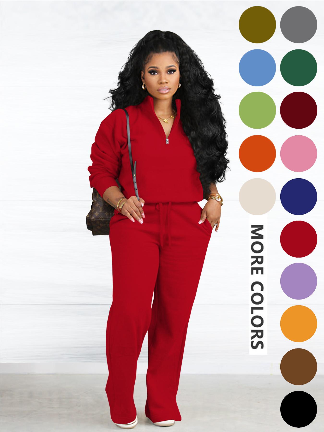 Women's Two-piece Set Solid Zip Up Funnel Neck Sweatshirt & Drawstring Waist Pants Casual Fall Winter Workout Sets Cozy Drop Shoulder Long Sleeve Top Pocket Trousers for Daily Outdoor Wear