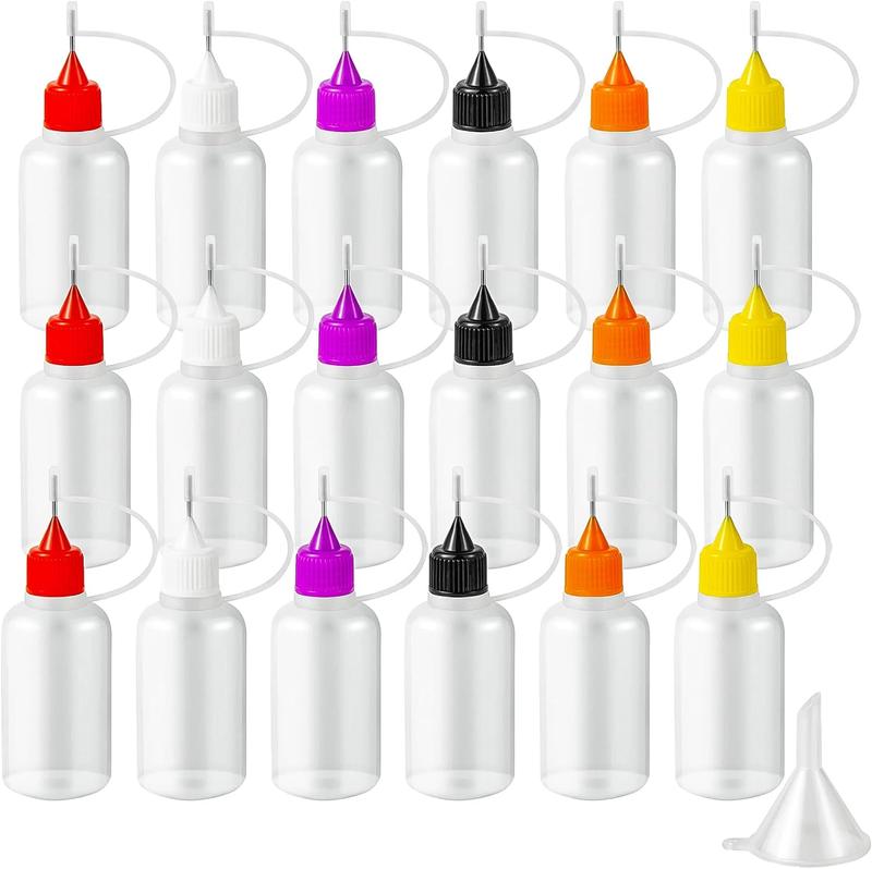 18PCS Precision Needle Tip Glue Applicator Bottles, 6 Color 30ML/1 OZ Fine Needle Tip Squeeze Bottle with Mini Funnel for DIY Paint Paper Quilling Craft Glue Ink Liquid Acrylic Painting