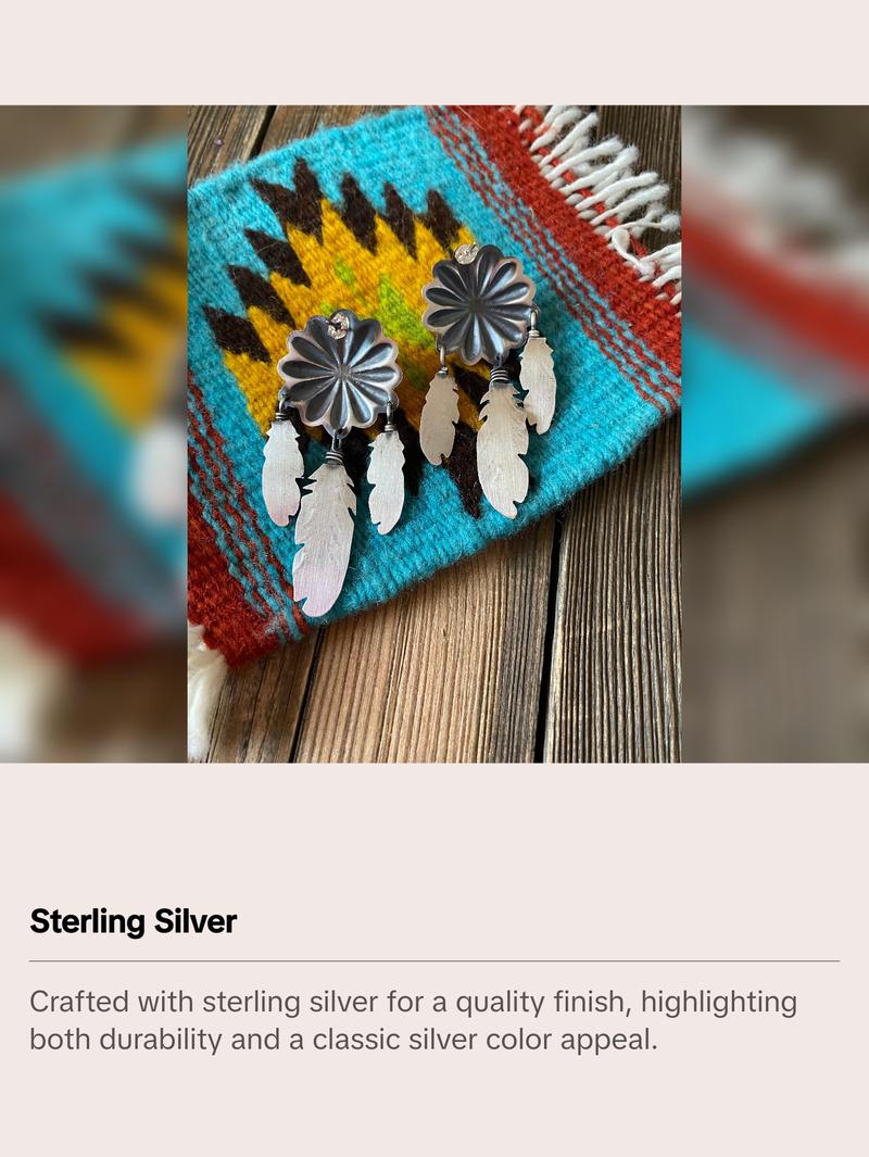 Navajo Sterling Silver & Turquoise Concho Feather Dangle Earrings