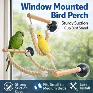 Finely Ground Habitat Pole Parrot Swing for Small & Medium Birds with Suction Cups for Window Glass or Tiles Habitat Frame & White Rope for Diverse Bird Experiences - stand perch - Wood