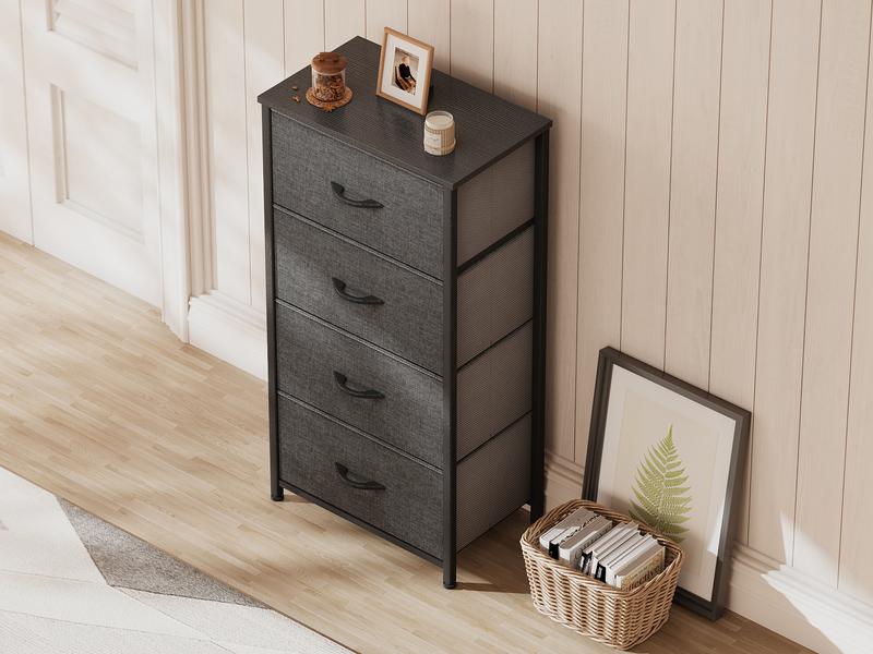 Yitahome Storage Tower with 4 Drawers - Fabric Dresser, Organizer Unit for Bedroom, Living Room, Closets & Nursery - Sturdy Steel Frame, Easy Pull Fabric Bins & Wooden Top (Black/Grey)