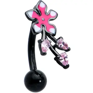 Pink Gem Black Fanciful Flower Top Mount Belly Ring Pink Gem Black Fanciful Flower Top Mount Belly Ring