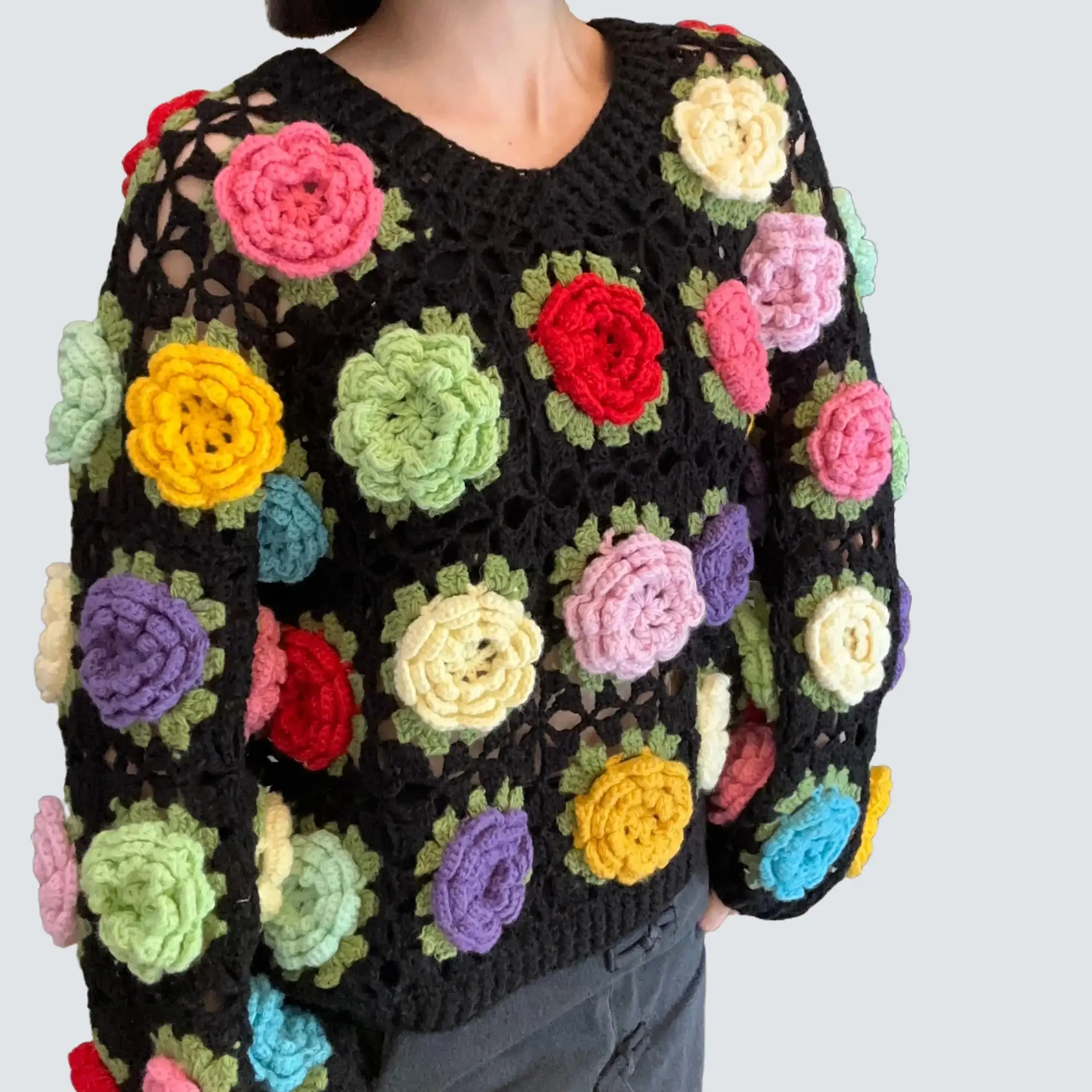 Women's Elegant Handknitted Sweater with 3D Floral Crochet, V-Neck Long Sleeve Wool Pullover for Casual Fashion Style, Knitting, Outfits, Fitted, Holiday, Hollow, Normal Type, Everyday, Knitwear, Top, Crocheted Flowers, Body-Fitted Silhouette, Medium Leng
