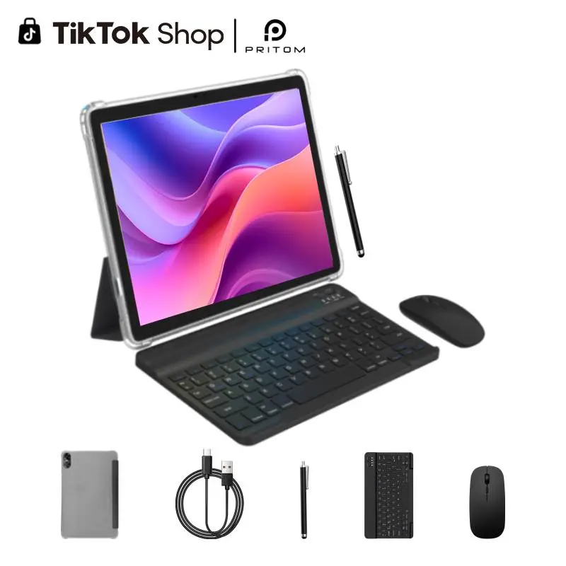 [SummerFinds]PRITOM 10 Inch Tablet 16GB(4+12)RAM+64GB ROM Android 15 With Bluetooth Audio Dual Cameras 2-in-1 Detachable Keyboard Set 10.1-inch Screen With Usb Perfect Gift & Back-to-School Gift FathersDayGift