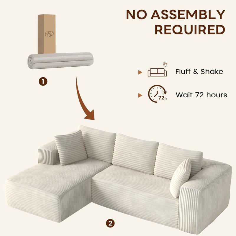 Plush Corduroy Cloud Velvet Modular Sofa Boneless 3-Seater Sectional with Chaise Extra-Wide Seat No Assembly Perfect for Small Spaces Cozy Corners & Apartments