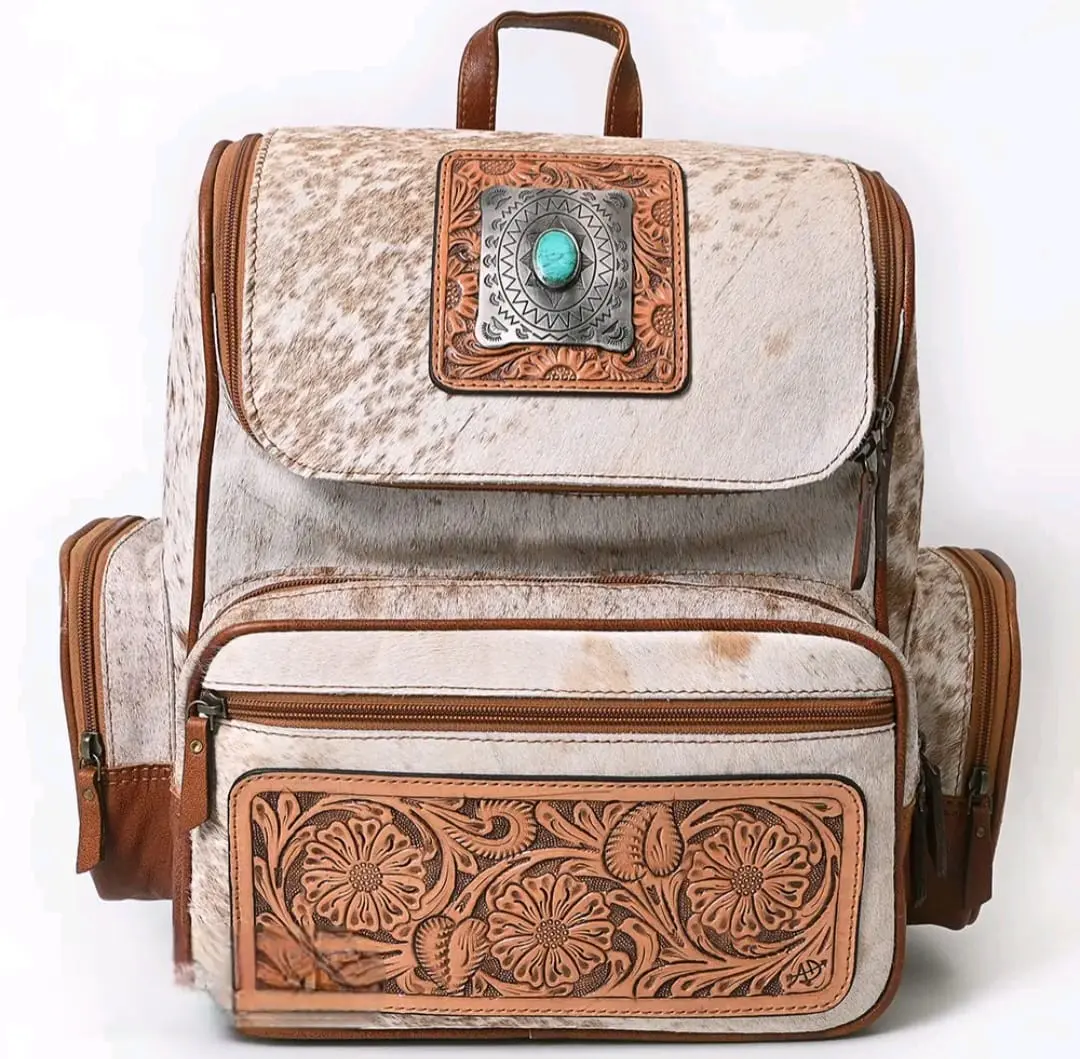 Becca Western Cowhide Leather Backpack with Hand-Tooled Floral Accents & Turquoise Stone Becca Full-Grain Leather YKK Zippers