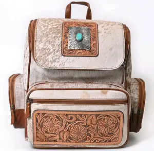 Becca Western Cowhide Leather Backpack with Hand-Tooled Floral Accents & Turquoise Stone Becca Full-Grain Leather YKK Zippers