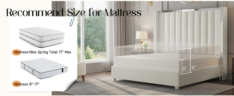 AMERLIFE Modern  Bed Frame with 58" Tall Headboard, Velvet Upholstered Platform Bed with Channel Tufted Wingback Headboard & Plating Trim Design, No Box Spring Needed, Luxury Bedroom Furniture/Best Gift Ideas/Christmas Gifts