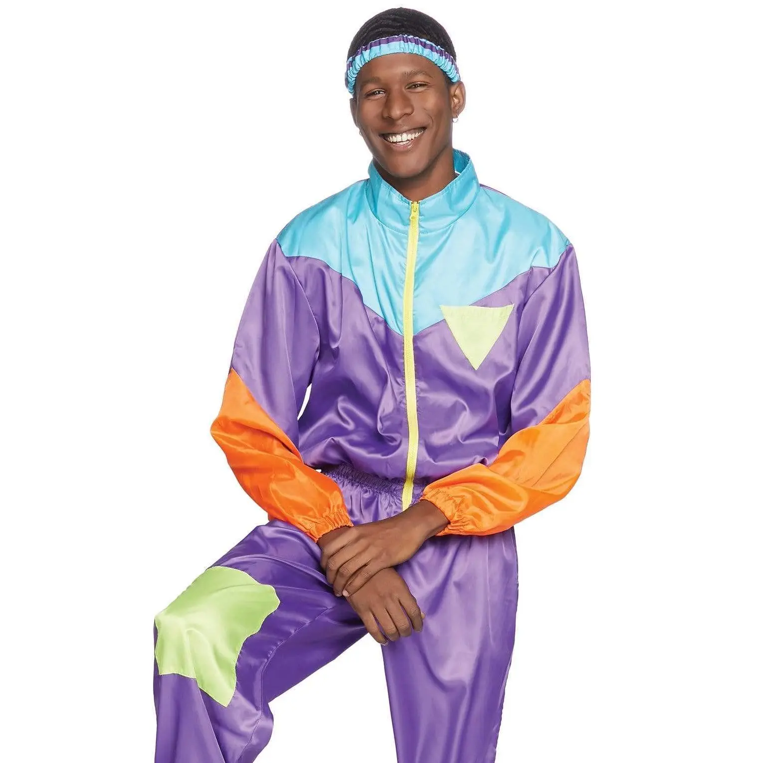 Men's 80s Retro Colorblock Athletic Track Suit Costume - Full-Length Relaxed Fit Warm-Up Set with Jumpsuit, Matching Headband, Retro Colors, Trick or Treat & Halloween Costume Ideas (Cold Wash, No Bleach, Drip Dry)