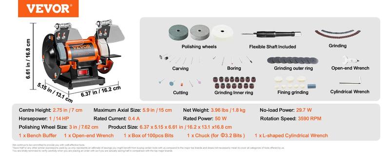 VEVOR Bench Polisher & Buffing Machine for Metal/Jewelry/Wood - With Wool & Abrasive Wheels, 100 Tools, 3590RPM