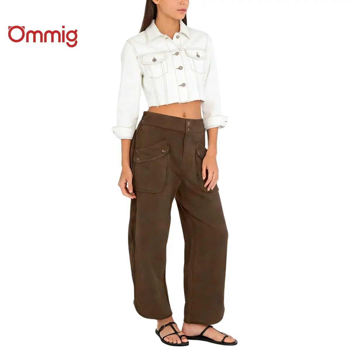 Ommig Women's Vintage High-Waist Wide-Leg Cotton Cargo Pants - Fitted, Comfortable, Large Pockets, Basic Bottoms, On-Trend for Christmas, Halloween, Lady, Holiday, High Waisted Wide Leg Pants, Cargo Style, Chic Cargo Pants