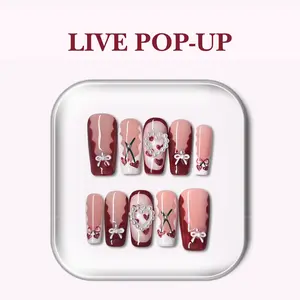 NailPhoria CHERRY LACE - Valentine Handmade Press-On Nails | Reusable, Salon-Quality, Long-Lasting, Glossy Design