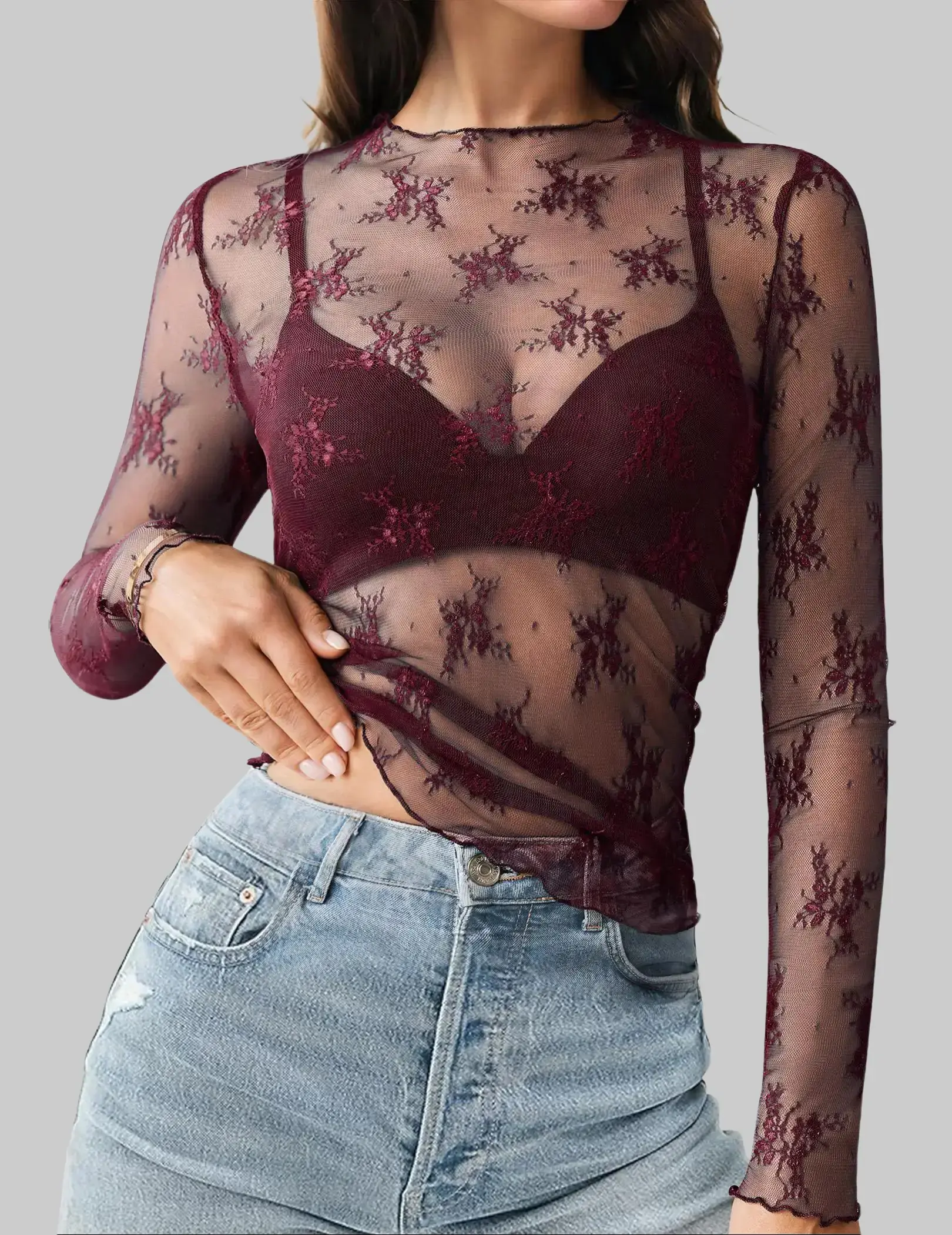 Women's Fully Sheer Hollow Lace Top - Long Sleeve Mock Neck Mesh Blouse, Lacy Layering Piece for Valentine's Day, Breathable Casual Chic Going Out Wear (Women's Tops and Blouses)