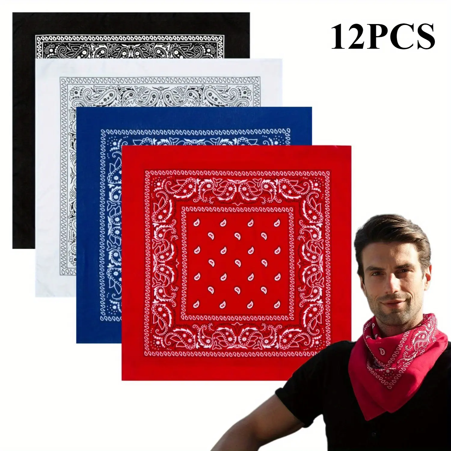 Unisex Cotton Bandanas - 12 Packs, 22"X22" Double-Sided Paisley Print Vibrant Square Scarf, Everyday Multifunctional Outdoor Handkerchief for Motorcycle Protective Gear Use