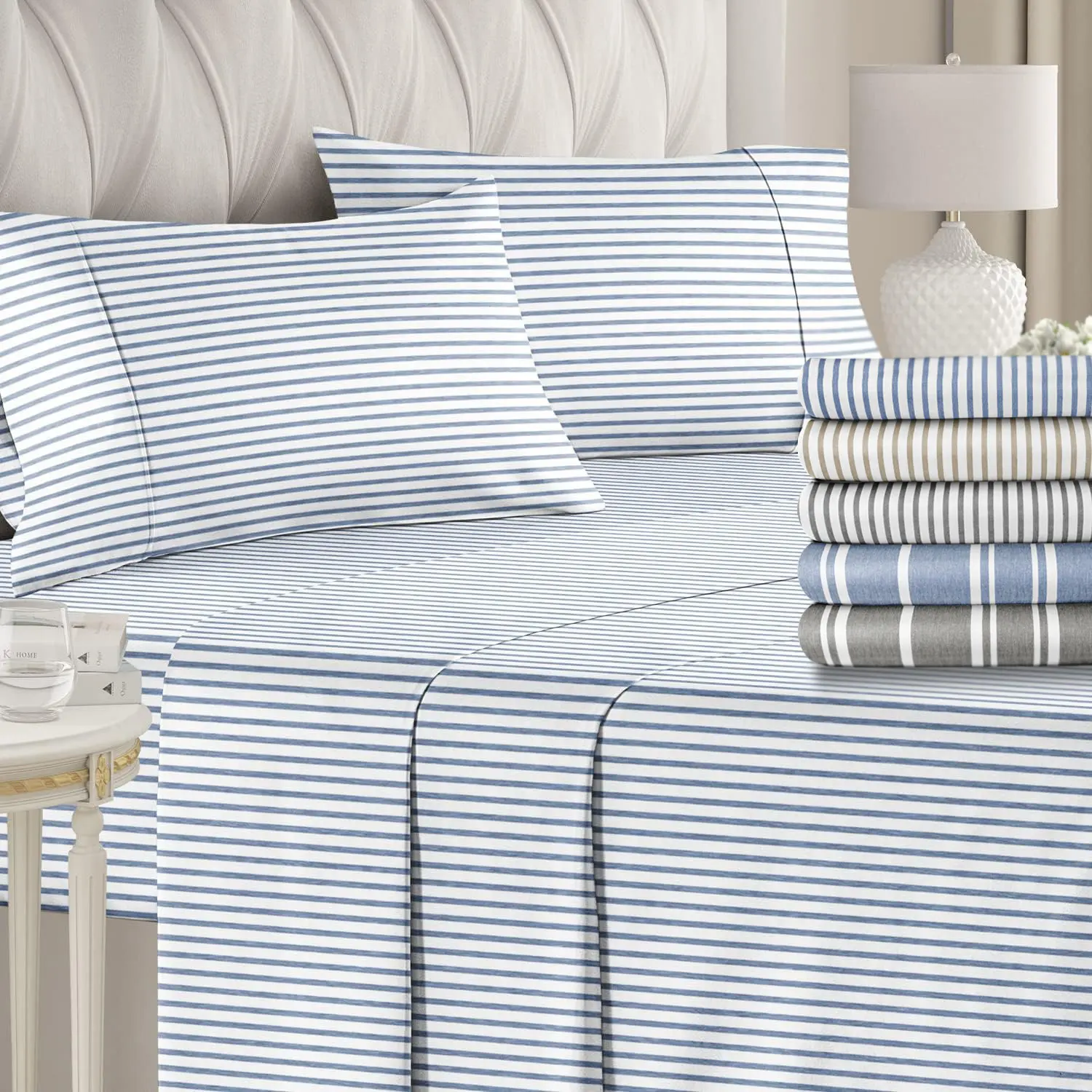 CGK | Printed 4-Piece Stripe Sheet Set – Soft Microfiber Bedding, Deep Pocket, Wrinkle-Free, Cooling, Chic Design Bedsheet Sets