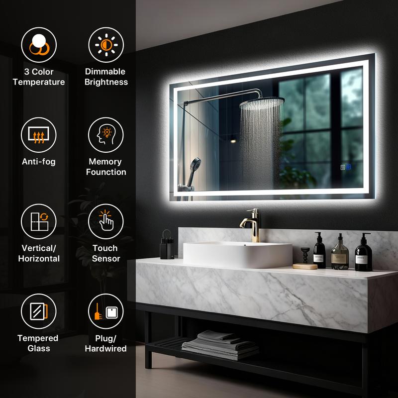 GLITGATE LED Bathroom Mirror with Lights, Over Sink Bathroom Mirror, Dimmable Bathroom Mirror with Touch Control, 3-Color Options, Wall Mounted, Defogging & Memory Timing Function, for Bedrooms, Closets, or Hallways, Tempered Glass GLITGATE LED Bathroom Mirror with Lights, Over Sink Bathroom Mirror, Dimmable Bathroom Mirror with Touch Control, 3-Color Options, Wall Mounted, Defogging & Memory Timing Function, for Bedrooms, Closets, or Hallways, Tempered Glass