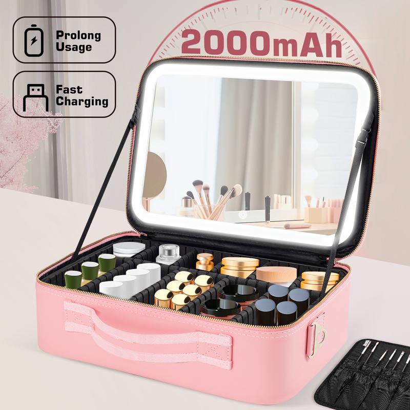 Viral Plus Size Travel Makeup Bag with Lighted Mirror  Waterproof Cosmetic Train Case with Three-color Light Adjustable Dividers Must-Have Organizer for Makeup Lovers Perfect Gift for Her