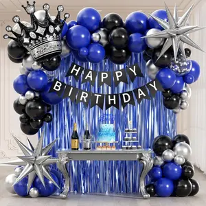 Birthday Party Decor for Men, Black, Silver & Navy Blue Balloons, Fringe Curtain for Milestone Birthdays