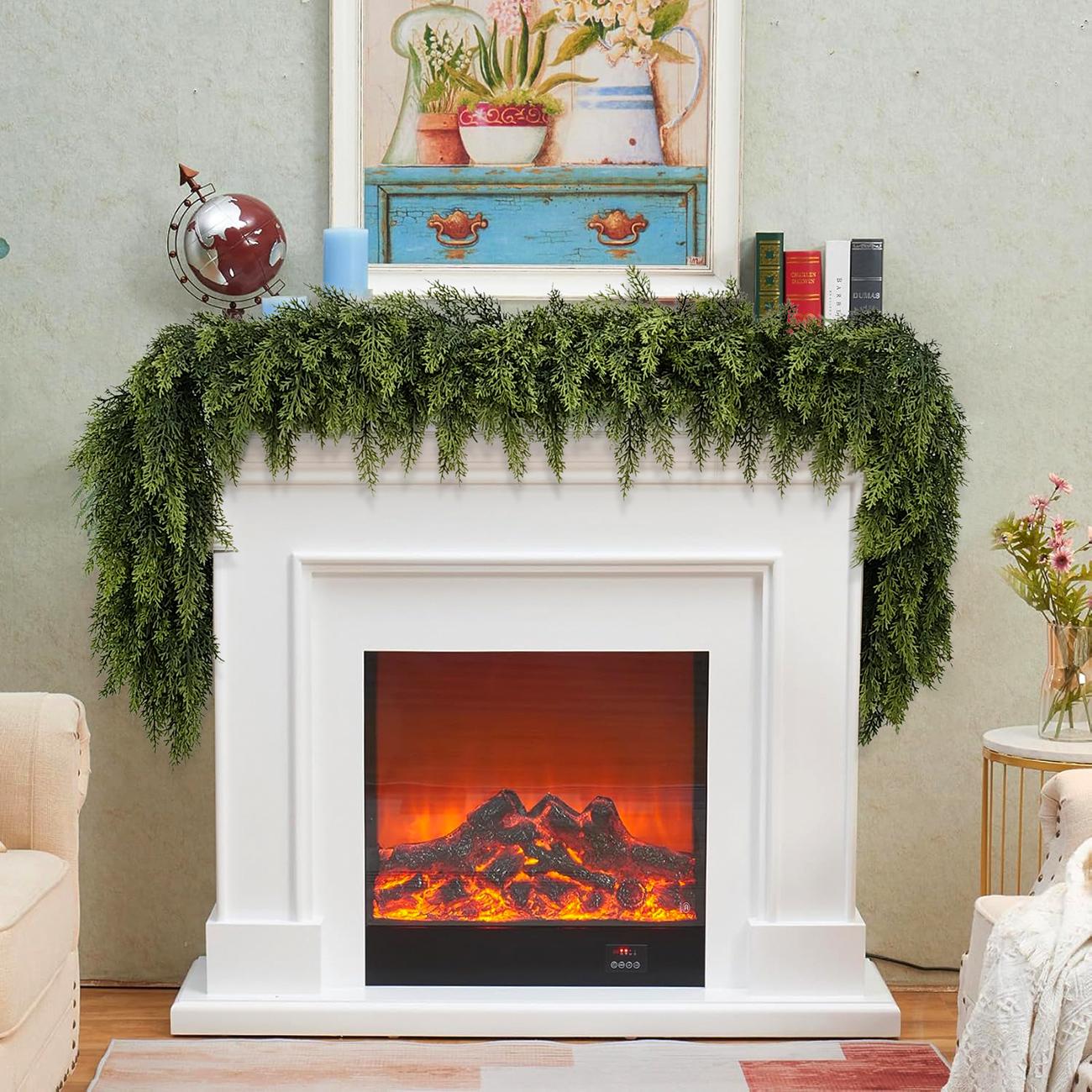 6 FT 2 Pcs Artificial Cedar Garlands, Real Touch Winter Cedar Garland, Green Artificial Greenery Pine Garland for Table, Mantle, Wall, Indoor, Outdoor Christmas Decorations (2, 6 FT)