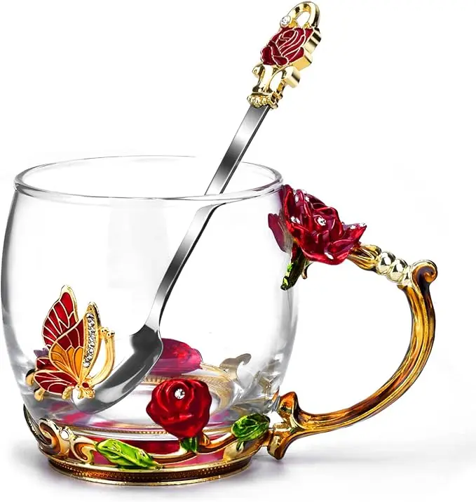 Flower Tea Cup ,Butterfly Rose Clear Glass FancyCoffee Mug with Spoon,Gift Box for Mom WifeGrandma Friends, Valentines Christmas Birthday Present ,ldea for Juice,Hot And Cold Drinks Use
