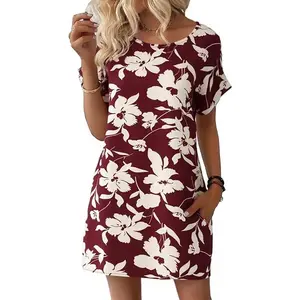 Wenrine Women's Summer Dress 2025 Floral T Shirt Dress Casual Cap Sleeve Crewneck Loose Boho Shift Mini Dresses