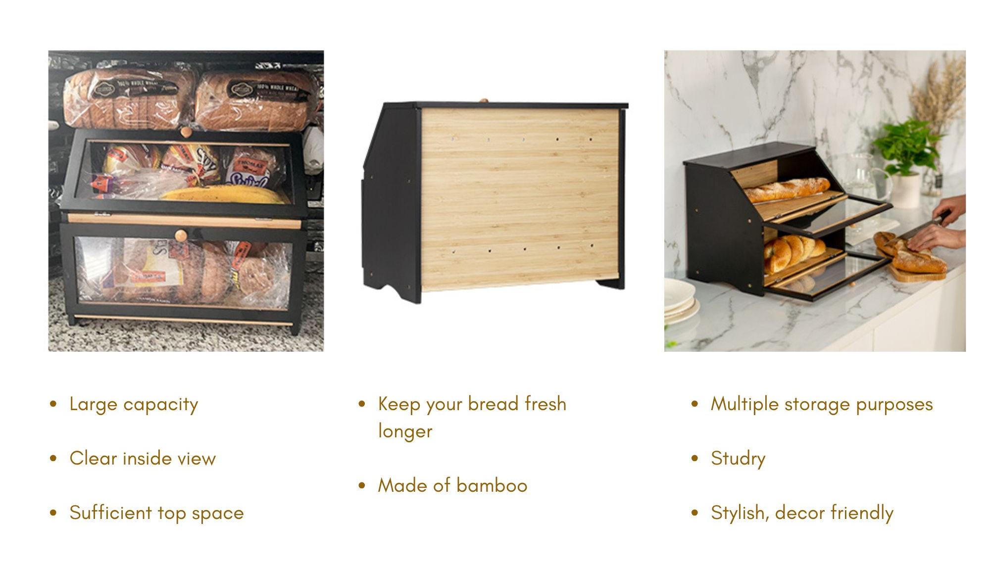 Double Layer Large Bread Box - Dustproof Wooden Large Capacity Bread Storage Bin for Kitchen Counter Home Decor, Mother's Day Gift